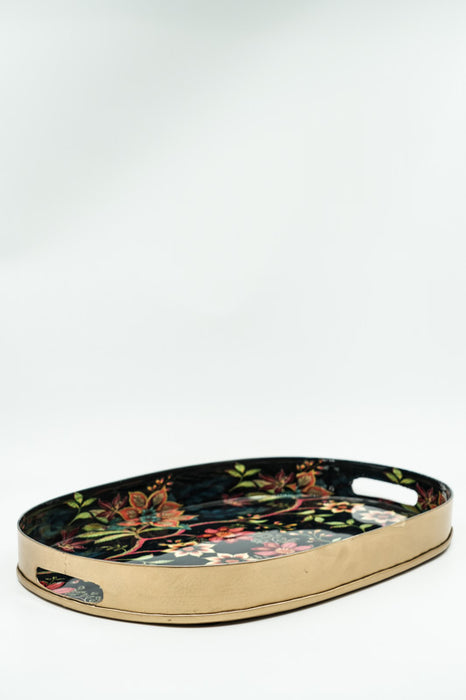 Enamelled oval serving tray with floral vines, 39x27 cm