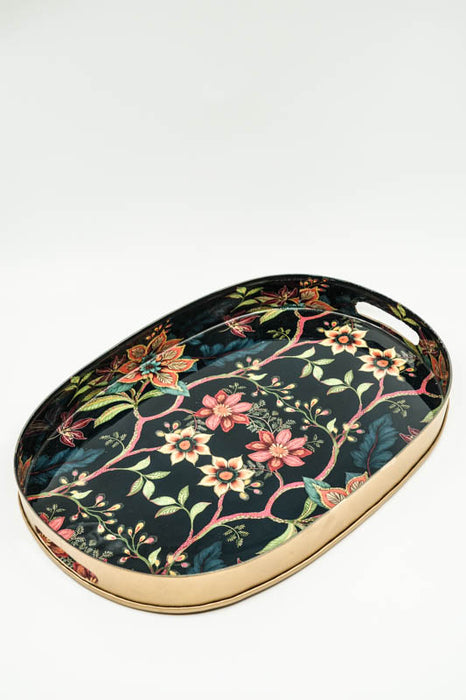 Enamelled oval serving tray with floral vines, 39x27 cm