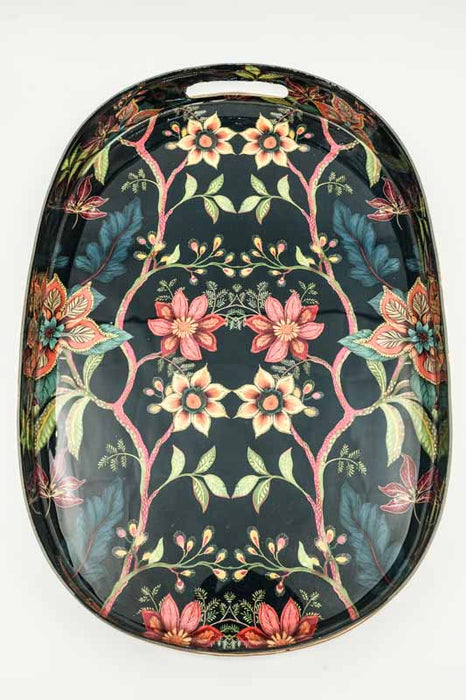 Enamelled oval serving tray with floral vines, 39x27 cm