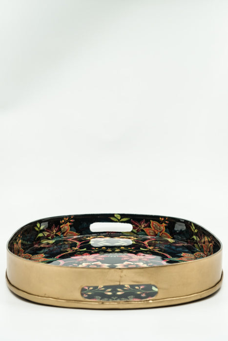 Enamelled oval serving tray with floral vines, 39x27 cm