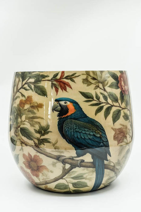 Round enamelled flower pot with parrot design, 28x31cm