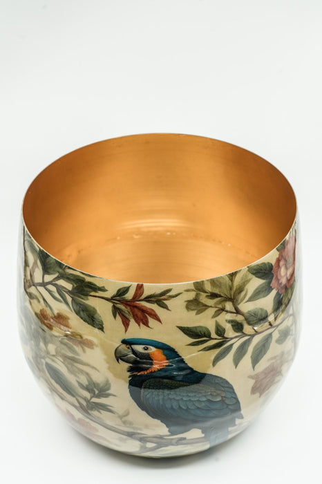 Round enamelled flower pot with parrot design, 28x31cm