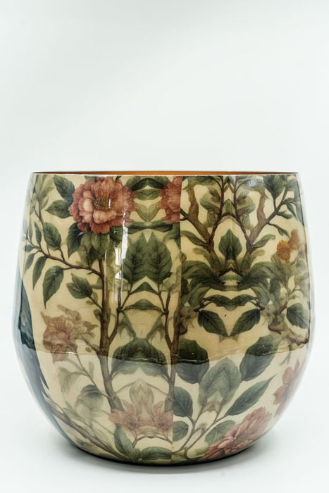 Round enamelled flower pot with parrot design, 28x31cm