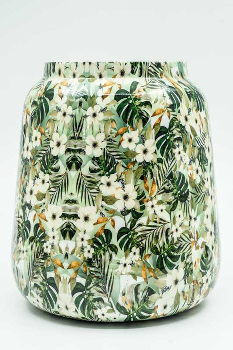 Vase rond émaillé à fleurs/feuilles, 21 x 24 cm