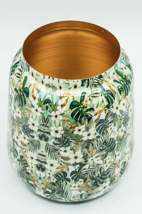 Vase rond émaillé à fleurs/feuilles, 21 x 24 cm