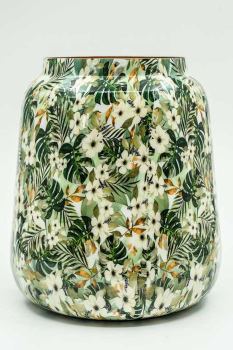 Vase rond émaillé à fleurs/feuilles, 21 x 24 cm