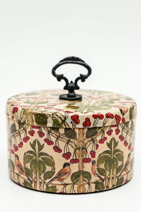Round enamelled storage box with birds/berries design, 15x8x12 cm