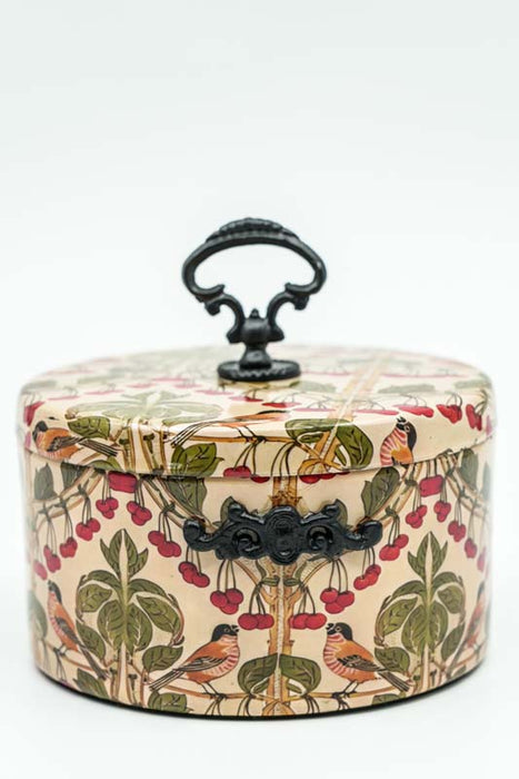 Round enamelled storage box with birds/berries design, 15x8x12 cm