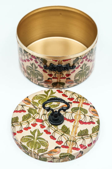 Round enamelled storage box with birds/berries design, 15x8x12 cm