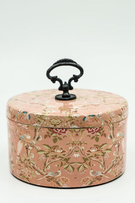 Boîte de rangement ronde émaillée avec motifs d'oiseaux/fleurs, 15 x 8 x 12 cm