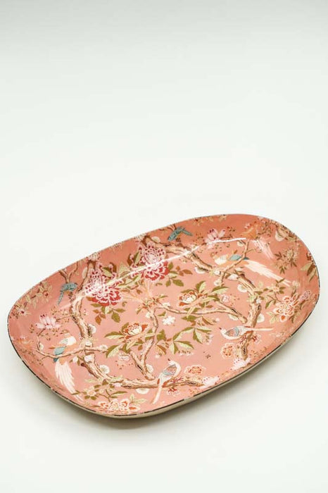 Plateau de service ovale émaillé à décor d'oiseaux/fleurs, 27 x 17 cm