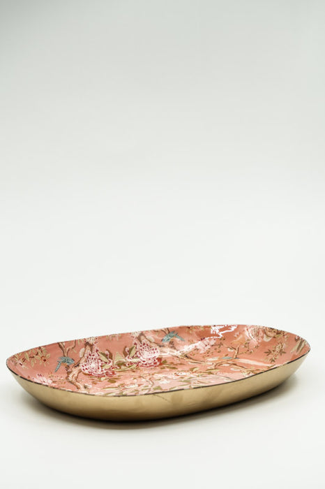 Plateau de service ovale émaillé à décor d'oiseaux/fleurs, 27 x 17 cm