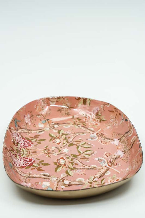 Plateau de service ovale émaillé à décor d'oiseaux/fleurs, 27 x 17 cm