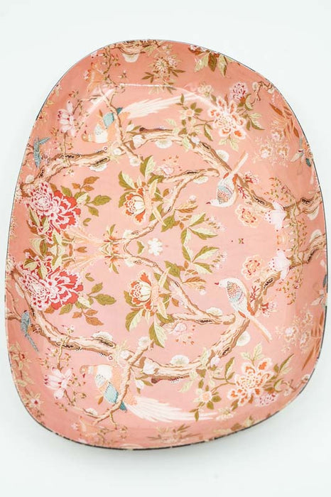 Plateau de service ovale émaillé à décor d'oiseaux/fleurs, 27 x 17 cm