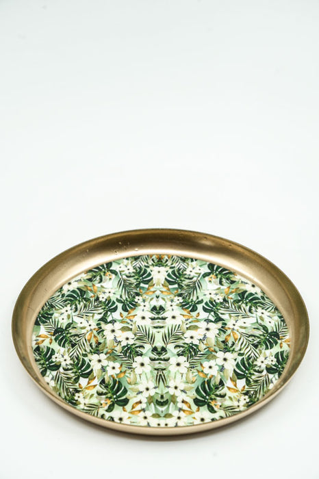 Enamelled round serving tray with floral/leaf design, 18x18 cm