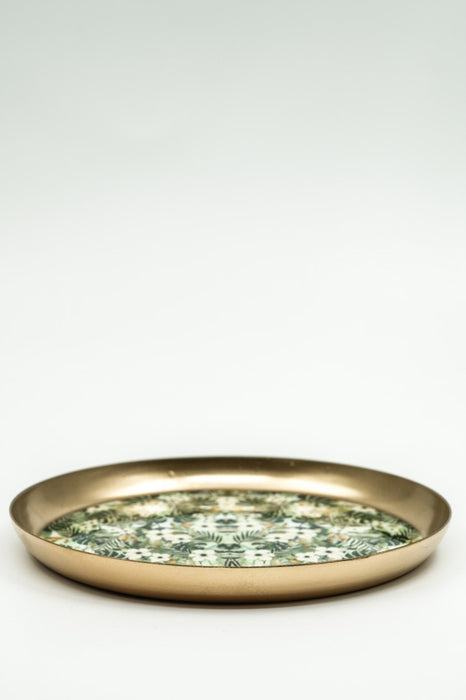 Enamelled round serving tray with floral/leaf design, 18x18 cm