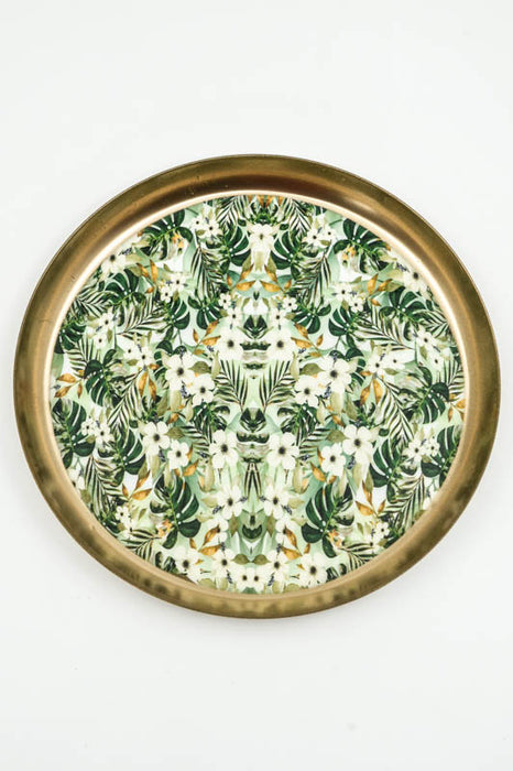 Enamelled round serving tray with floral/leaf design, 18x18 cm