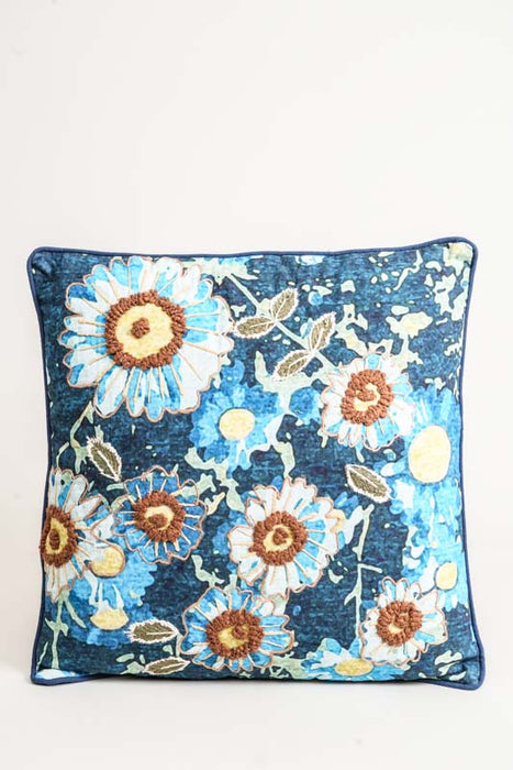 Decorative cushion cotton embroidered flowers blue 45x45cm