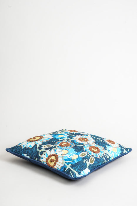 Decorative cushion cotton embroidered flowers blue 45x45cm