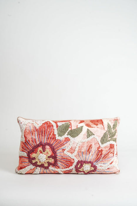Decorative cushion cotton embroidered flowers apricot/red 35x60cm