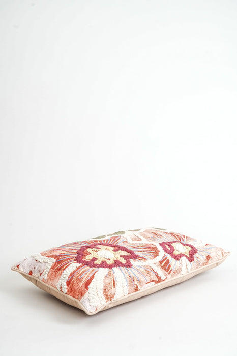 Decorative cushion cotton embroidered flowers apricot/red 35x60cm