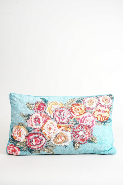Decorative cushion cotton embroidered flowers turquoise 35x60cm