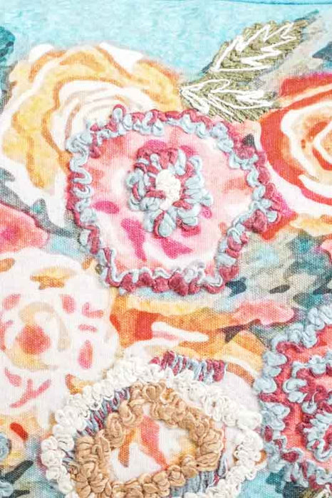 Decorative cushion cotton embroidered flowers turquoise 35x60cm