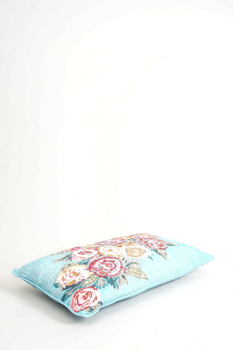 Decorative cushion cotton embroidered flowers turquoise 35x60cm