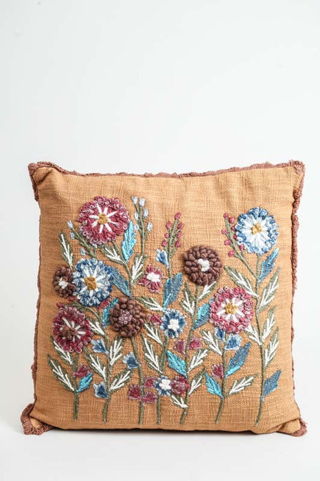 Coussin décoratif coton prairie fleurie ocre 45x45cm