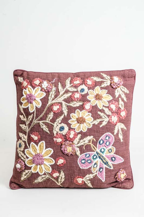Coussin décoratif coton fleurs rouge foncé 45x45cm