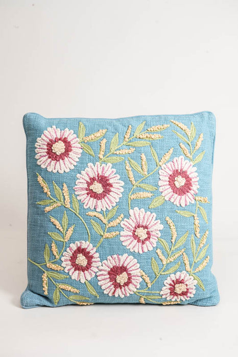 Decorative cushion cotton flowers light blue 45x45cm