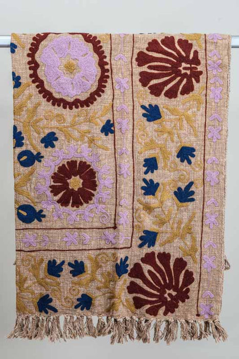 Couverture en coton brodée, 125x150cm, rose/jaune/bleu foncé/multicolore