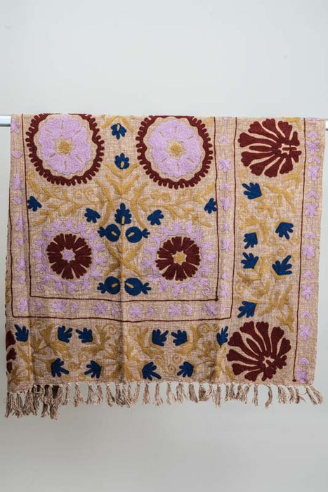 Couverture en coton brodée, 125x150cm, rose/jaune/bleu foncé/multicolore