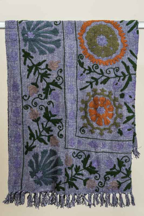 Embroidered cotton blanket, 125x150cm, purple/grey/green/multicolor