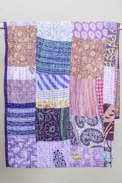 Couvre-lit Patola Kantha (soie indienne), 220x270cm, violet/rose/multicolore