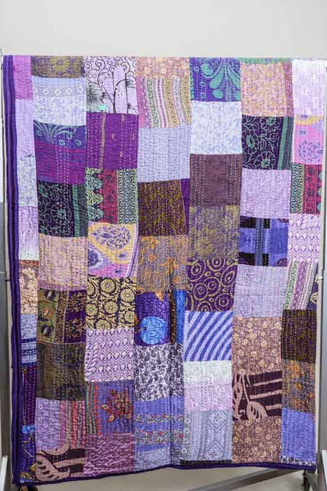 Couvre-lit Patola Kantha (soie indienne), 220x270cm, violet/rose/multicolore