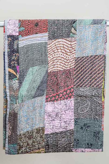 Couvre-lit Patola Kantha (soie indienne), 220x270cm, bleu clair/multicolore