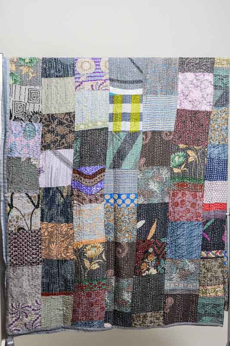 Couvre-lit Patola Kantha (soie indienne), 220x270cm, bleu clair/multicolore