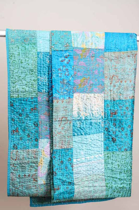 Patola Kantha (Indian silk) bedcover, 220x270cm, light blue/multicolor