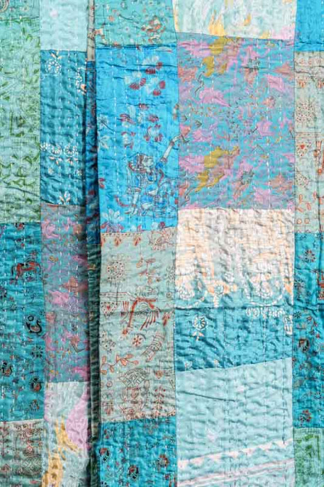 Patola Kantha (Indian silk) bedcover, 220x270cm, light blue/multicolor