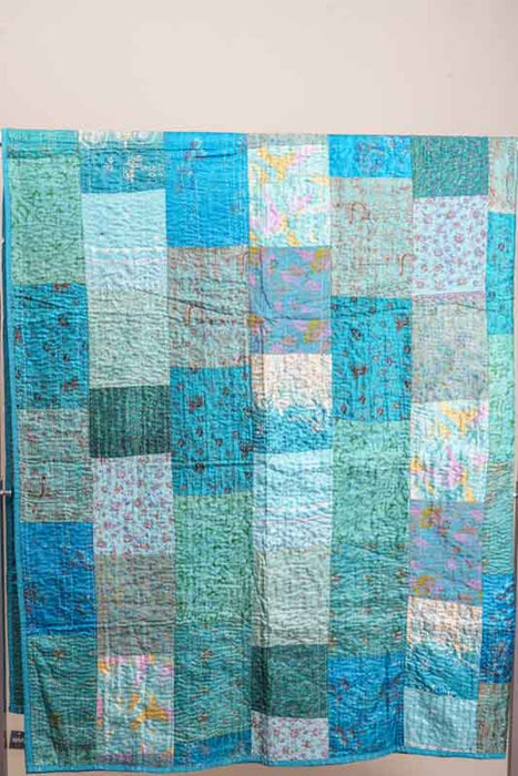 Patola Kantha (Indian silk) bedcover, 220x270cm, light blue/multicolor