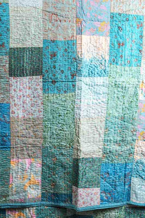 Patola Kantha (Indian silk) bedcover, 220x270cm, light blue/multicolor