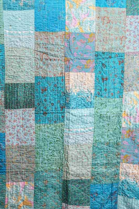 Patola Kantha (Indian silk) bedcover, 220x270cm, light blue/multicolor