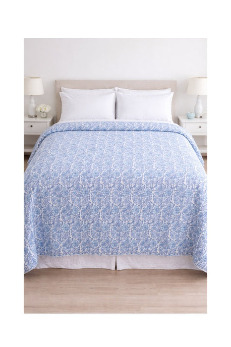 Couvre-lit en coton Kantha, 220x270cm, blanc/bleu/multicolore