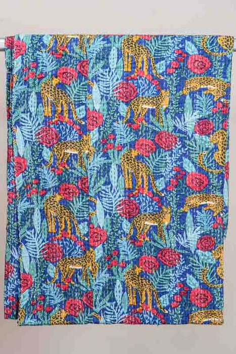 Couvre-lit en coton Kantha, 220x270cm, bleu clair/rouge/jaune/multicolore