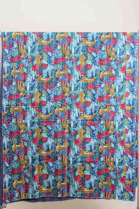 Couvre-lit en coton Kantha, 220x270cm, bleu clair/rouge/jaune/multicolore