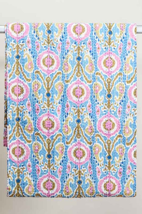 Couvre-lit en coton Kantha, 220x270cm, bleu clair/rose/multicolore