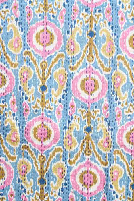 Couvre-lit en coton Kantha, 220x270cm, bleu clair/rose/multicolore