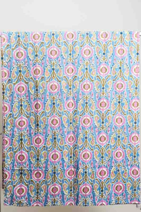 Couvre-lit en coton Kantha, 220x270cm, bleu clair/rose/multicolore