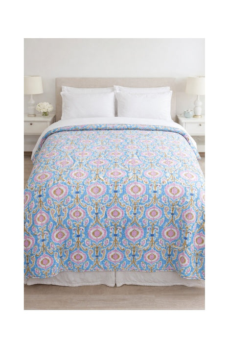 Kantha cotton bedspread, 220x270cm, light blue/pink/multicolor